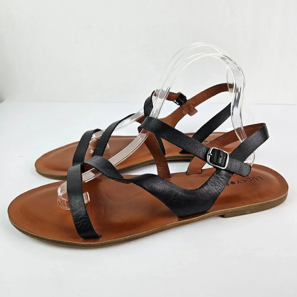 Lucky Brand Alexcia Black Leather Strappy Flat Sandal 11